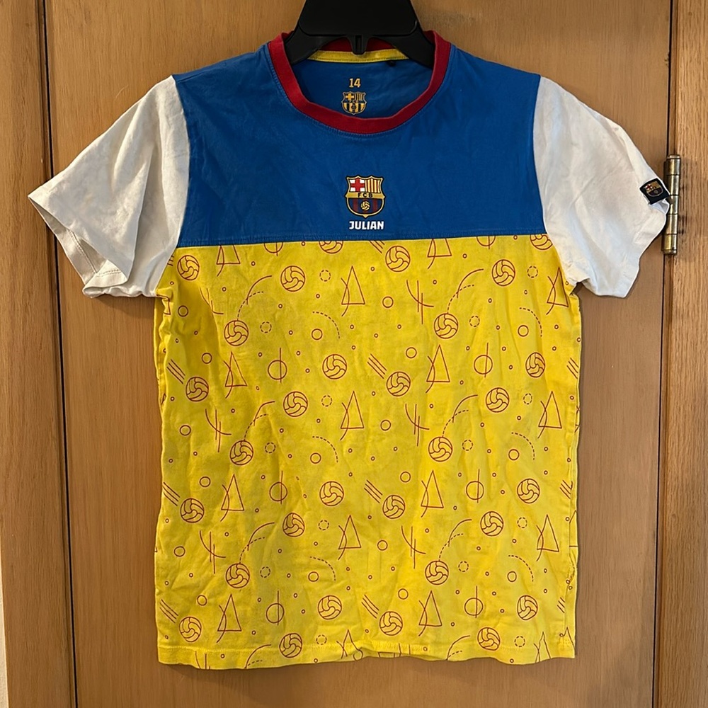 FC Barcelona Football Soccer Kids Boys Tee Shirt Julian Yellow Blue Size 14